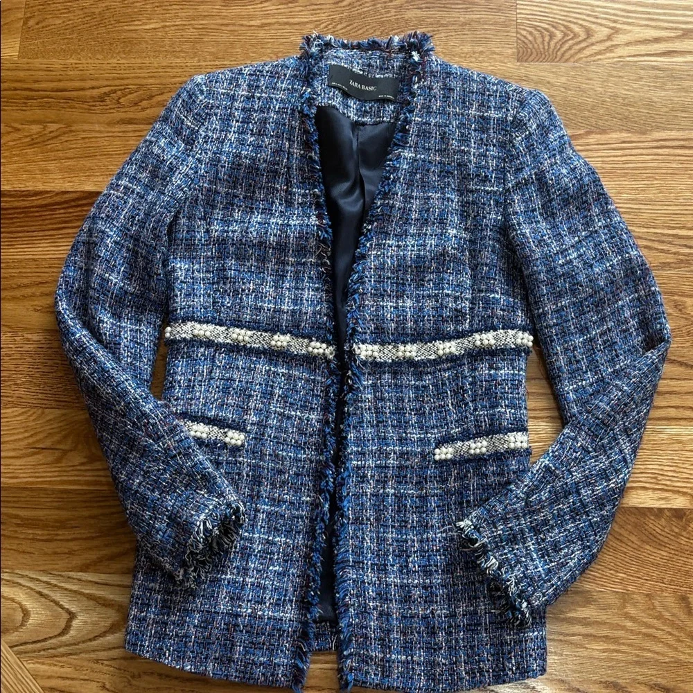 Zara Women's Blue Tweed textured Jacket blazer pearl accents hook closure S